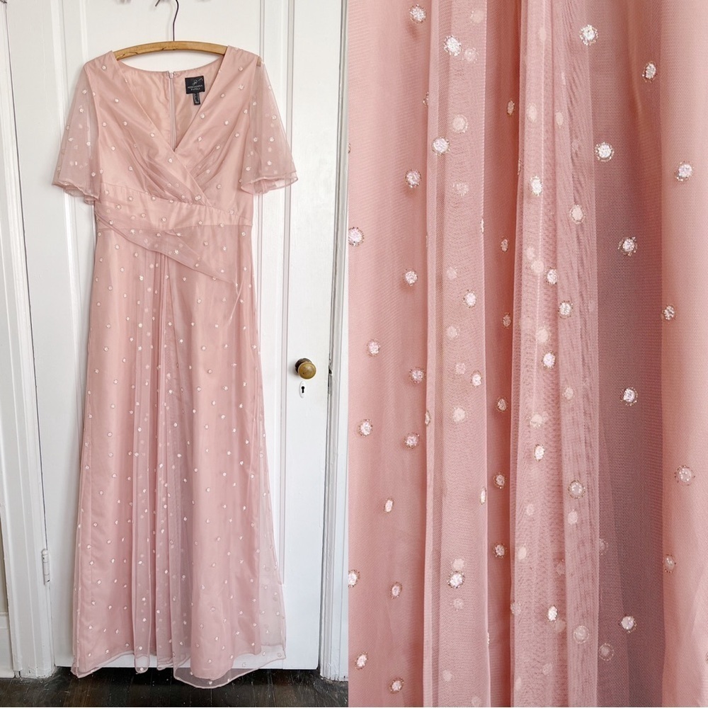 Adrianna Papell • Metallic Clip Dot Gown blush pink flutter sleeve surplice